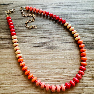 Fruit Stripe Porcelain Block Layering Rainbow Beaded 1 Strand Necklace, Colorful Jewelry, Chunky statement, red cream confetti pink orange