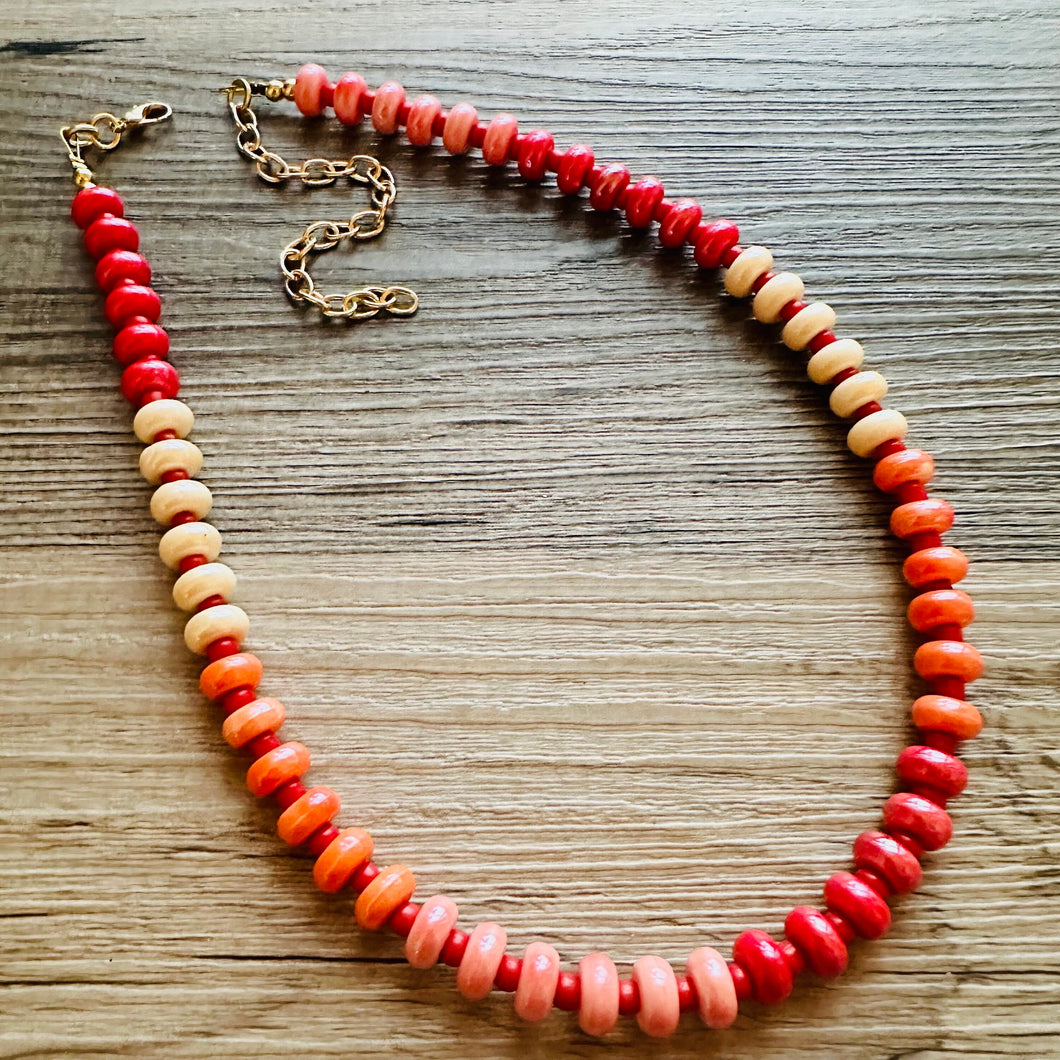 Fruit Stripe Porcelain Block Layering Rainbow Beaded 1 Strand Necklace, Colorful Jewelry, Chunky statement, red cream confetti pink orange