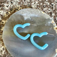 Load image into Gallery viewer, Aqua Blue Aqua Rainbow Geometric Open Heart Hoop earrings set, pastel jewelry, acrylic hoops bridesmaid statement resin acrylic