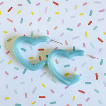 Load image into Gallery viewer, Aqua Blue Aqua Rainbow Geometric Open Heart Hoop earrings set, pastel jewelry, acrylic hoops bridesmaid statement resin acrylic