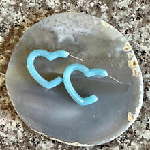 Load image into Gallery viewer, Aqua Blue Aqua Rainbow Geometric Open Heart Hoop earrings set, pastel jewelry, acrylic hoops bridesmaid statement resin acrylic