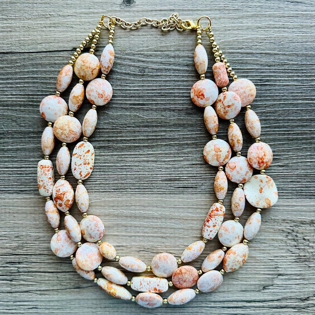 Orange Tie Dye Big Bead Necklace, 3 Strand Statement Jewelry, Orange Chunky bib bridesmaid or everyday jewelry cream white tangerine