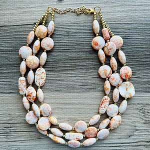 Orange Tie Dye Big Bead Necklace, 3 Strand Statement Jewelry, Orange Chunky bib bridesmaid or everyday jewelry cream white tangerine