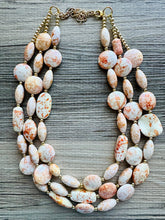 Load image into Gallery viewer, Orange Tie Dye Big Bead Necklace, 3 Strand Statement Jewelry, Orange Chunky bib bridesmaid or everyday jewelry cream white tangerine