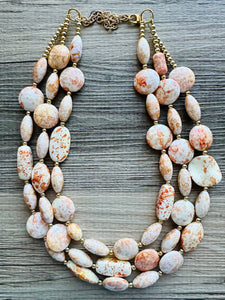 Orange Tie Dye Big Bead Necklace, 3 Strand Statement Jewelry, Orange Chunky bib bridesmaid or everyday jewelry cream white tangerine