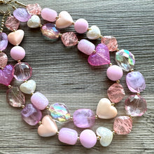 Load image into Gallery viewer, Lover Necklace Pink Statement, chunky bib beaded jewelry, coral vacation gold Valentine blush hot pink, thick collar bib resin geometric