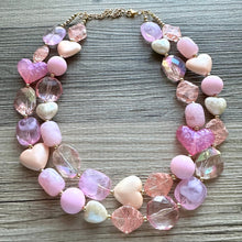 Load image into Gallery viewer, Lover Necklace Pink Statement, chunky bib beaded jewelry, coral vacation gold Valentine blush hot pink, thick collar bib resin geometric