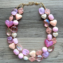 Load image into Gallery viewer, Lover Necklace Pink Statement, chunky bib beaded jewelry, coral vacation gold Valentine blush hot pink, thick collar bib resin geometric