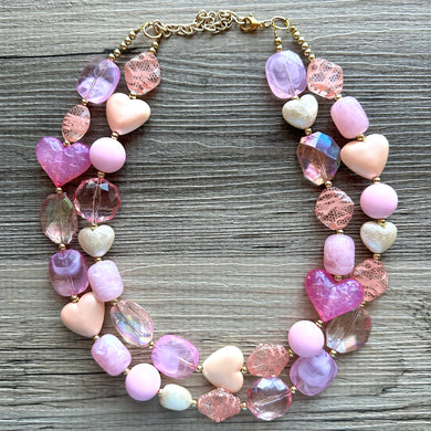 Lover Necklace Pink Statement, chunky bib beaded jewelry, coral vacation gold Valentine blush hot pink, thick collar bib resin geometric