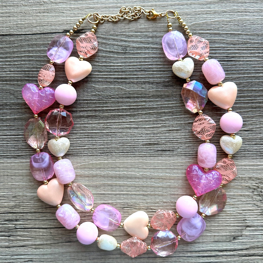 Lover Necklace Pink Statement, chunky bib beaded jewelry, coral vacation gold Valentine blush hot pink, thick collar bib resin geometric