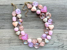 Load image into Gallery viewer, Lover Necklace Pink Statement, chunky bib beaded jewelry, coral vacation gold Valentine blush hot pink, thick collar bib resin geometric