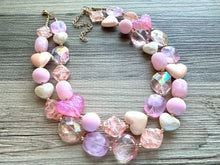 Load image into Gallery viewer, Lover Necklace Pink Statement, chunky bib beaded jewelry, coral vacation gold Valentine blush hot pink, thick collar bib resin geometric