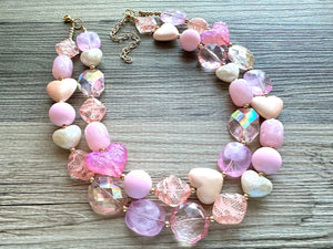 Lover Necklace Pink Statement, chunky bib beaded jewelry, coral vacation gold Valentine blush hot pink, thick collar bib resin geometric