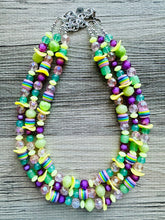Load image into Gallery viewer, Spring Storm Green &amp; Purple Necklace, multi strand colorful jewelry, big beaded chunky statement set necklace bubble yellow lime mint