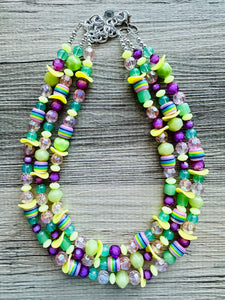 Spring Storm Green & Purple Necklace, multi strand colorful jewelry, big beaded chunky statement set necklace bubble yellow lime mint
