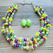 Load image into Gallery viewer, Spring Storm Green &amp; Purple Necklace, multi strand colorful jewelry, big beaded chunky statement set necklace bubble yellow lime mint