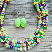 Load image into Gallery viewer, Spring Storm Green &amp; Purple Necklace, multi strand colorful jewelry, big beaded chunky statement set necklace bubble yellow lime mint