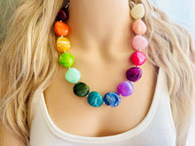 Load image into Gallery viewer, Rainbow Statement Necklace, candy chunky multi-strand jewelry, yellow red green sky blue necklace, single strand silver necklace thick