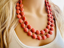 Load image into Gallery viewer, Coral Crackle Statement Necklace, big Beaded Chunky Jewelry, Double Strand wedding everyday dress necklace, pink jewelry silver black peach