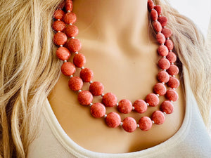 Coral Crackle Statement Necklace, big Beaded Chunky Jewelry, Double Strand wedding everyday dress necklace, pink jewelry silver black peach