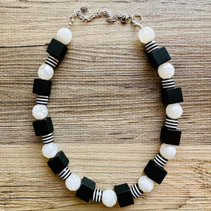 Black & White Chunky Statement Necklace single Strand Beaded jewelry, bridesmaid bib wedding, white bubble necklace resin