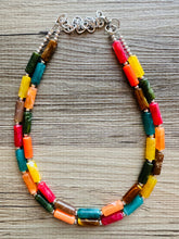 Load image into Gallery viewer, Autumn Leaves Statement Necklace, Red Yellow Orange emerald, double Strand Statement Necklace, fall colors, chunky autumn necklace, beaded