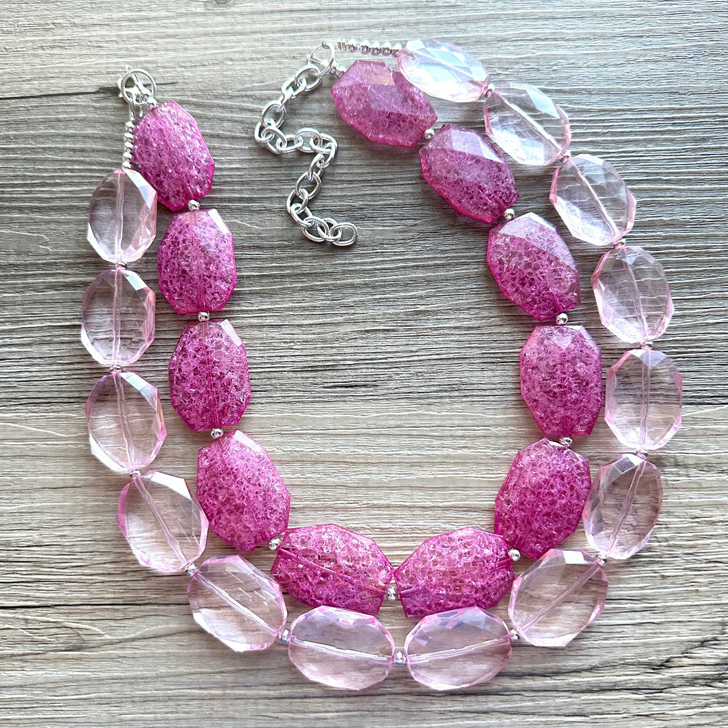 Pink on pink Necklace, Double strand pink jewelry, big beaded chunky statement necklace, pink necklace, pink jewelry, blush necklace