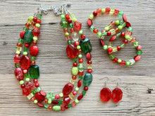 Load image into Gallery viewer, Christmas Chunky Statement Necklace &amp; Stretch Bracelet set, Triple Strand Beaded jewelry, green red holiday bridesmaid lime earrings silver