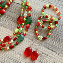 Load image into Gallery viewer, Christmas Chunky Statement Necklace &amp; Stretch Bracelet set, Triple Strand Beaded jewelry, green red holiday bridesmaid lime earrings silver