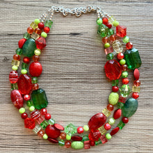 Load image into Gallery viewer, Christmas Chunky Statement Necklace &amp; Stretch Bracelet set, Triple Strand Beaded jewelry, green red holiday bridesmaid lime earrings silver