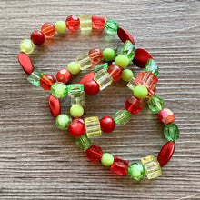 Load image into Gallery viewer, Christmas Chunky Statement Necklace &amp; Stretch Bracelet set, Triple Strand Beaded jewelry, green red holiday bridesmaid lime earrings silver