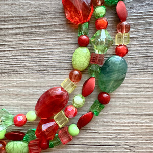 Christmas Chunky Statement Necklace & Stretch Bracelet set, Triple Strand Beaded jewelry, green red holiday bridesmaid lime earrings silver