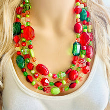 Load image into Gallery viewer, Christmas Chunky Statement Necklace &amp; Stretch Bracelet set, Triple Strand Beaded jewelry, green red holiday bridesmaid lime earrings silver