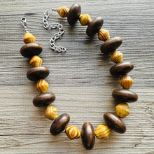 Load image into Gallery viewer, Wood Statement Necklace Jewelry, Chunky Jewelry Big Beaded 1 Strand Necklace, orange wood Necklace, coffee brown striped geometric bead