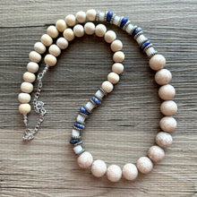 Load image into Gallery viewer, Vintage Wood + Glass Beaded long necklace, neutral beaded statement necklace, everyday gem stone chunky layering necklace blue silver white