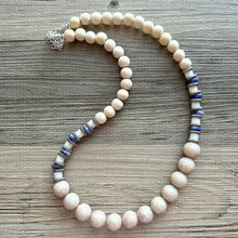 Load image into Gallery viewer, Vintage Wood + Glass Beaded long necklace, neutral beaded statement necklace, everyday gem stone chunky layering necklace blue silver white