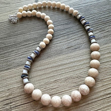 Load image into Gallery viewer, Vintage Wood + Glass Beaded long necklace, neutral beaded statement necklace, everyday gem stone chunky layering necklace blue silver white