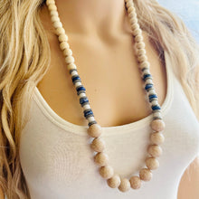 Load image into Gallery viewer, Vintage Wood + Glass Beaded long necklace, neutral beaded statement necklace, everyday gem stone chunky layering necklace blue silver white