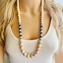 Load image into Gallery viewer, Vintage Wood + Glass Beaded long necklace, neutral beaded statement necklace, everyday gem stone chunky layering necklace blue silver white