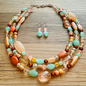 Peach Mint Coral Chunky Statement Necklace, Triple Strand Beaded Jewelry, green peach coral jewelry, bridsmaid wedding, bib beaded jewelry