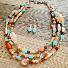 Load image into Gallery viewer, Peach Mint Coral Chunky Statement Necklace, Triple Strand Beaded Jewelry, green peach coral jewelry, bridsmaid wedding, bib beaded jewelry