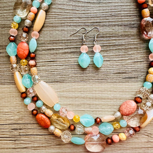 Peach Mint Coral Chunky Statement Necklace, Triple Strand Beaded Jewelry, green peach coral jewelry, bridsmaid wedding, bib beaded jewelry