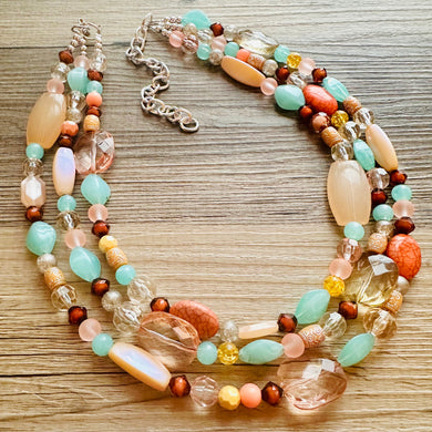 Peach Mint Coral Chunky Statement Necklace, Triple Strand Beaded Jewelry, green peach coral jewelry, bridsmaid wedding, bib beaded jewelry