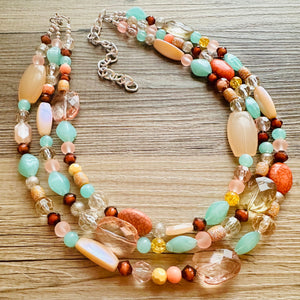 Peach Mint Coral Chunky Statement Necklace, Triple Strand Beaded Jewelry, green peach coral jewelry, bridsmaid wedding, bib beaded jewelry