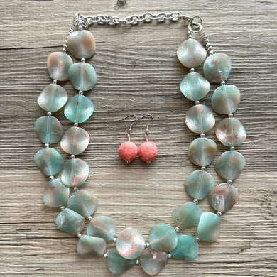 Aquarium Coral Nautical Chunky Statement Necklace, Big beaded jewelry, 2 Strand Statement Necklace, blue green chunky flutter bib jewels