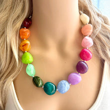 Load image into Gallery viewer, Rainbow Statement Necklace, candy chunky multi-strand jewelry, yellow red green sky blue necklace, single strand silver necklace thick