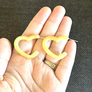 Creamy Honey Butter Swirl Geometric Open Heart Hoop earrings set, pastel jewelry, acrylic hoops statement resin Valentine fall