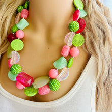 Load image into Gallery viewer, Spring Storm Green &amp; Pink Necklace, multi strand colorful jewelry, big beaded chunky statement set necklace bubble everyday lime mint