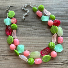 Load image into Gallery viewer, Spring Storm Green &amp; Pink Necklace, multi strand colorful jewelry, big beaded chunky statement set necklace bubble everyday lime mint