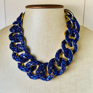 Royal Blue rhinestone Linking Chain Choker shirt necklace, stunning elegant silver gold statement bib necklace dark blue